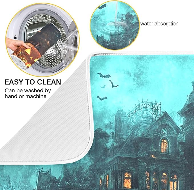 Halloween Castle Dish Drying Mat for Kitchen Countertop 18x24 Spooky Witch Pumpkin Lantern Large Drying Mat Reusable Quick Dry Dish Sink Mats Easy Clean Decorative Essentials