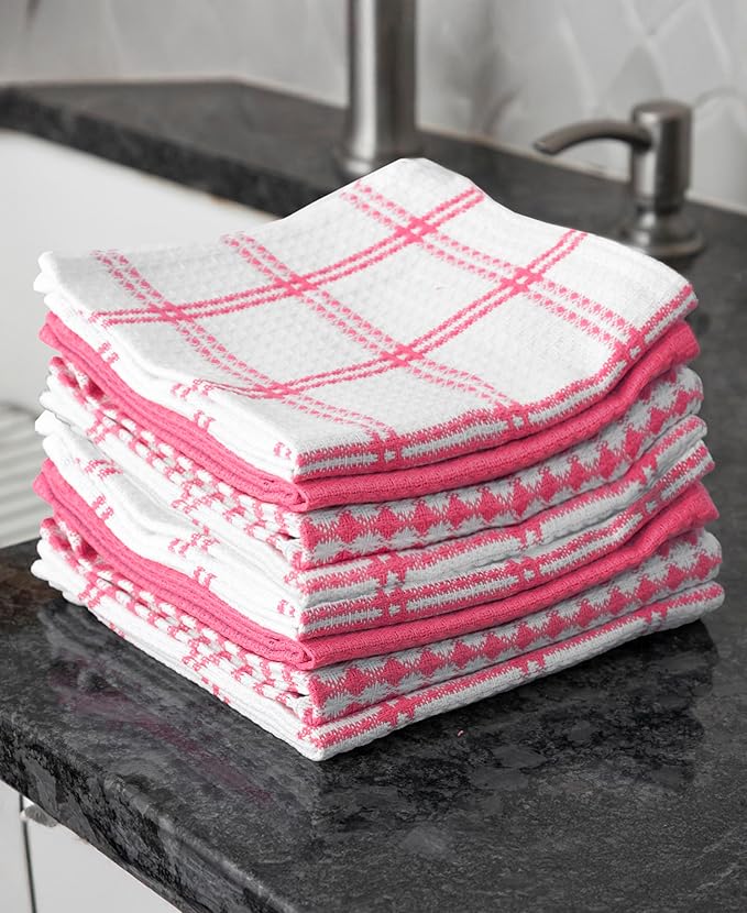 T-Fal Premium Waffle Dish Cloths: Highly Absorbent, Super Soft Long Lasting - 100% Cotton, 12"x13" Flat Waffle Dish Towel for Cleaning & Drying Dishes, (8-Pack), Pink
