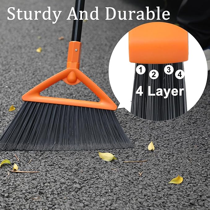 Heavy Duty Angle Broom 3 Pack - Orange Broom for Outdoor & Indoor, Garage, Driveway, Sidewalk, Kitchen & More, Long Handle