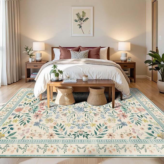 Floral Rug for Living Room Bedroom, 6x9 Washable Rug, Vintage Boho Style, Large Non Slip & Low Pile Wool Carpet for Indoor Dining Room, Girls Room, Nursery Room and Kids Room(Green 6x9ft)