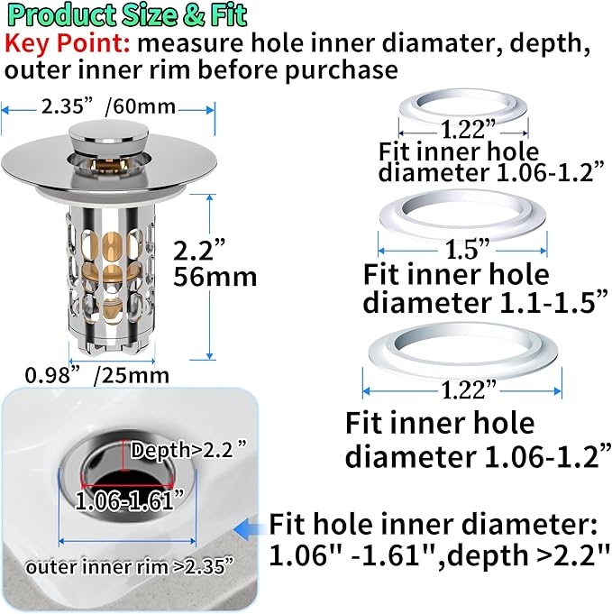 Bathroom Sink Stopper Drain Hair Catcher,3 in 1 Bathroom Sink Drain Strainer with Anti-Clogging Filter Basket,Sink Stopper Bathroom Drain for 1.06"~1.61" Drain Hole 2 PCS(Silver Chrome)