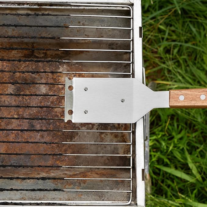 Strong BBQ Grill Brush and Scraper – Heavy-Duty Grill Cleaner with Long Wooden Handle & Replaceable Stainless Steel Bristles – Fast Deep Cleaning, Safe for All Grills – No-Scratch Outdoor Grill Brush
