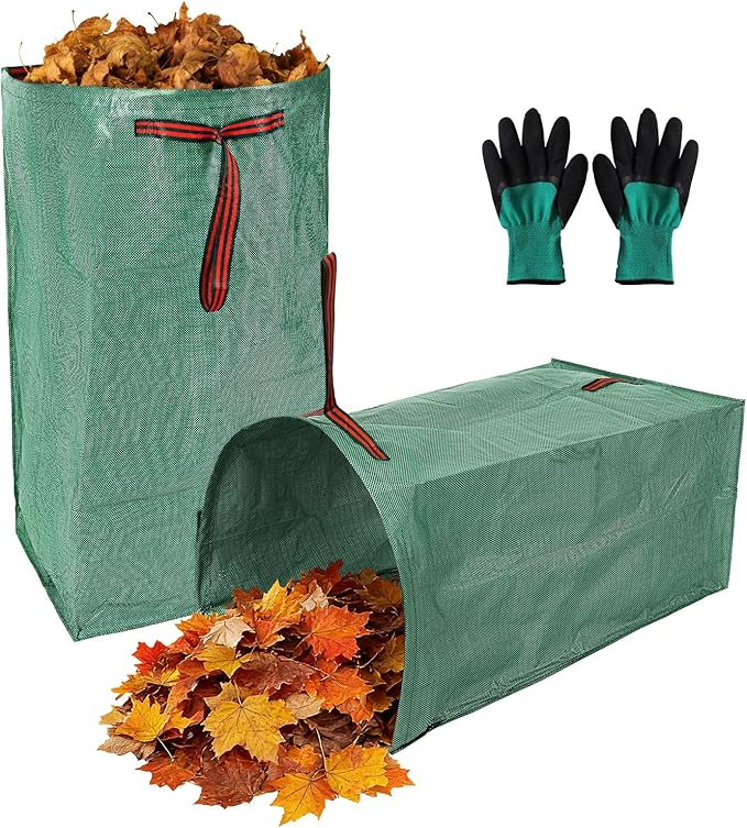 Leaf Bags, Foldable Leaf Collector with Handles, 71 Gallon Reusable Yard Waste Bags, Large Yard Dustpan Type Garden Bag for Leaves, Grass and Debris, Bonus Gardening Gloves (2 Pack, 71 Gallon)