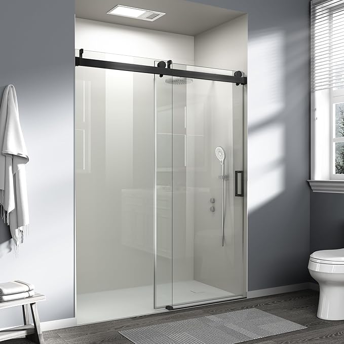 Abruzzo 76" Frameless Shower Door Single Sliding - 1/4" Tempered Glass Soft Close, Matte Black, Adjustable 56-60" Width