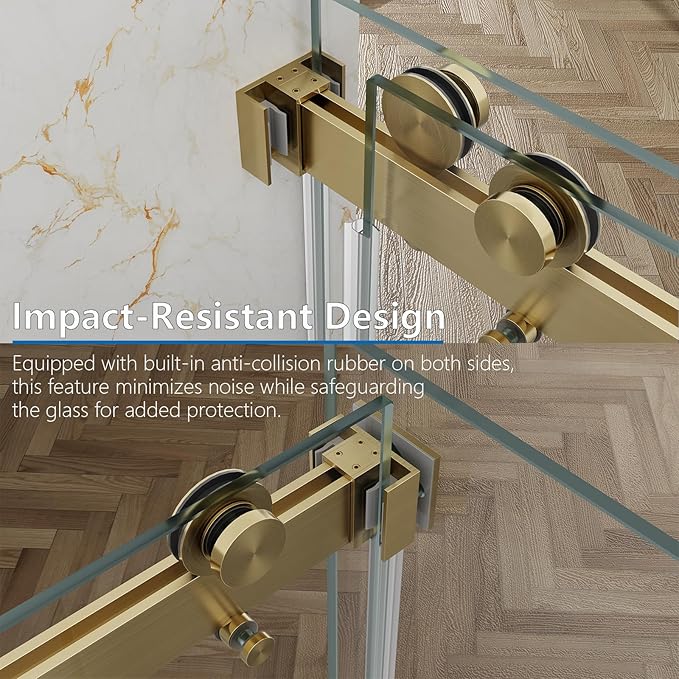 60x76 in Frameless Double Sliding Shower Door with 32x76 in Side Panel, Nano Glass, 304 Stainless Steel in Brushed Gold, L-Shape Design, Reversible Install