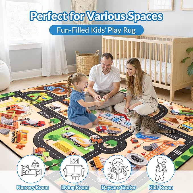 Kids Rug, 4x6 FT Construction Site Car Rug Play Mat, Soft & Durable, Non-Slip, Machine Washable, Cartoon Construction Site Pattern Car Carpet Playmat for Kids Room, Playroom & Nursery