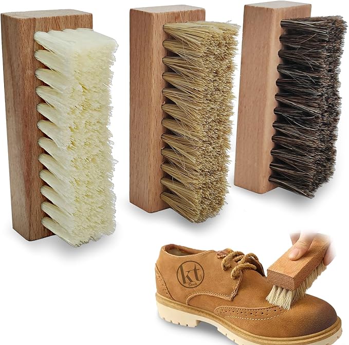 Small Shoe Cleaning Brush Set of 3 Brushes with Nylon, Boar and Horsehair Bristles, Wooden Sneaker Cleaner Brushes for Leather, Suede, Canvas, Textile, Bags and Accessories (3)