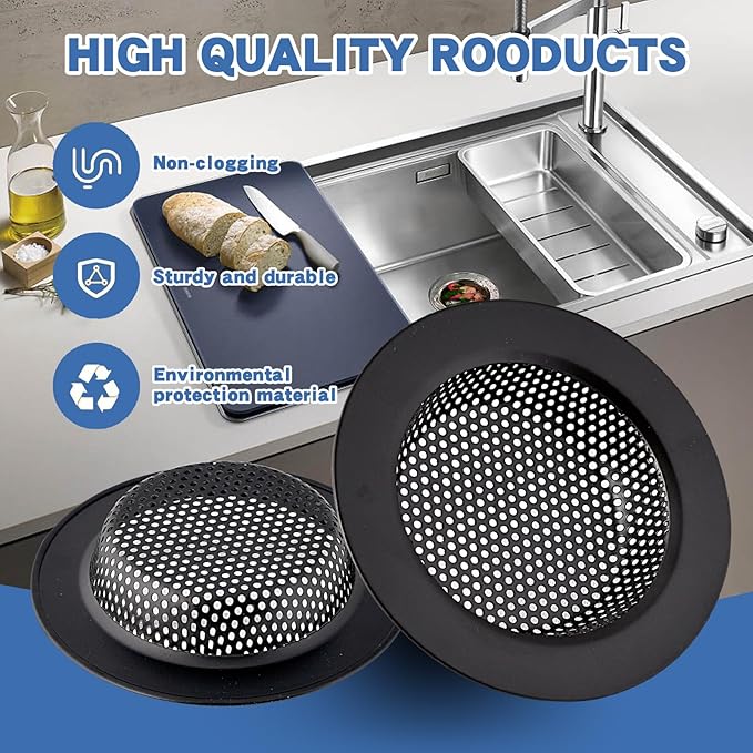 2PC Kitchen Sink Drain Strainer Stainless Steel with Mesh |4.4 inch Wide Rim Sink Drain Basket Cover | Anti-Clogging Food Catcher|Suitable for Most Sink Drains |Dishwasher Safe Drain Filter (Black)