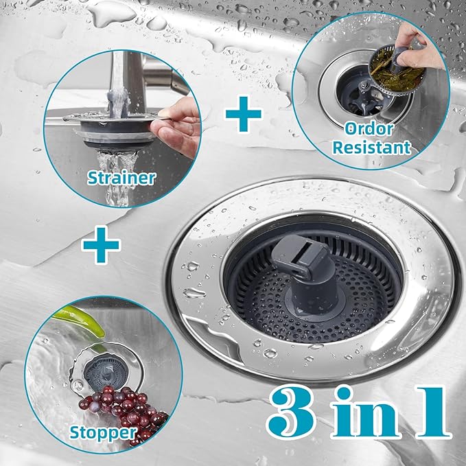 Hibbent 3 in 1 Kitchen Sink Drain Strainer, Stainless Steel Wrapped Shell Drain Stopper Combo, Pop Up Sink Stopper, Anti-Clogging Basket Strainer with Foldable Handle for US Standard 3-1/2" Drain