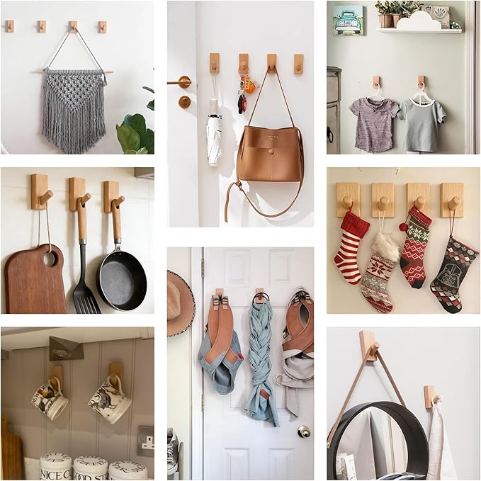 HomeDo 4Pack Adhesive Wall Hooks Hat Rack, Wooden Coat Hooks Wall Mounted, Decorative Hooks Single Organizer Hat Hanger Towel Rack, Heavy Duty Hooks (Rectangle-Beech,4P)