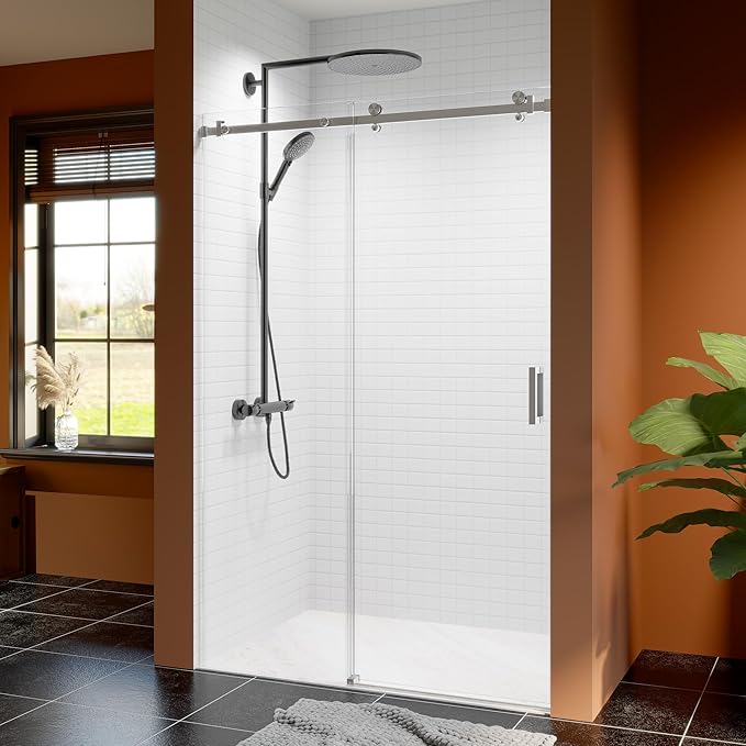 46-48 Inch Frameless Sliding Shower Door, 76" Height, 5/16" (8mm) Clear Tempered Glass, Smooth Gliding Track & Anti-Jumping System, Stainless Steel Brushed Nickle Finish