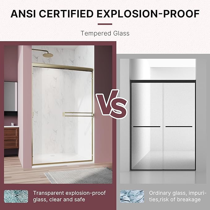 Shower Door 50-54 in. W x 72 in. H, UCALAFEE Semi-Frameless Double Sliding Shower Door with 1/4" (6mm) SGCC Clear Tempered Glass, Silent Soft-Close & Anti-Leak Walk-in Shower Door, Brushed Gold