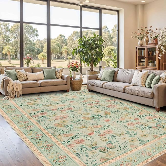 Floral Rug for Living Room Bedroom, 8x10 Washable Rug, Green Vintage Boho Area Rug, Large Non Slip Low Pile Wool Carpet for Indoor Dining Room,Girls Room,Nursery Room and Kids Room(Green 8x10)