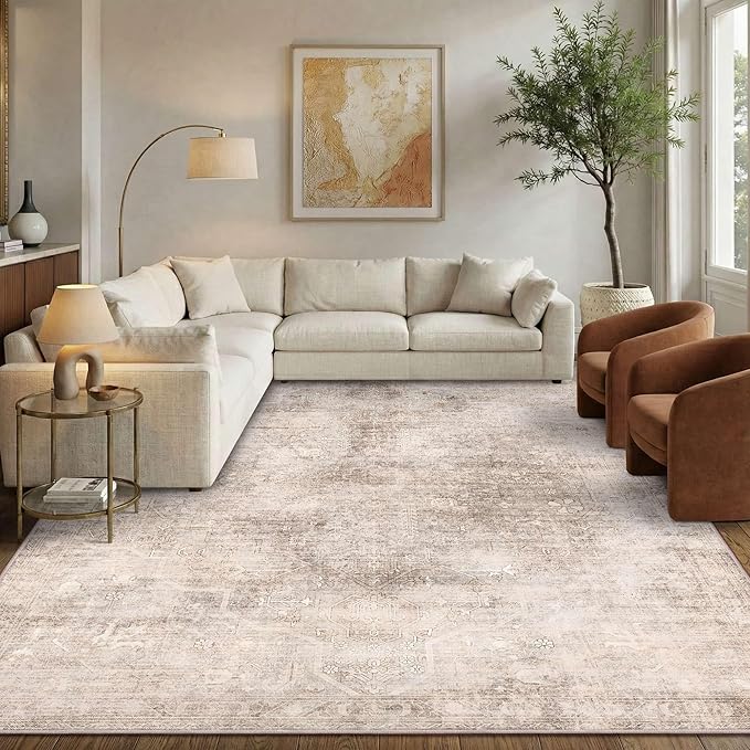Vintage 8x10 Beige Brown Rug for Living Room, Washable Large Neutral Area Rugs for Bedroom, Dining Room, Kitchen, Distressed Low Pile Floor Carpets for Kids Nursery Classroom Farmhouse Office