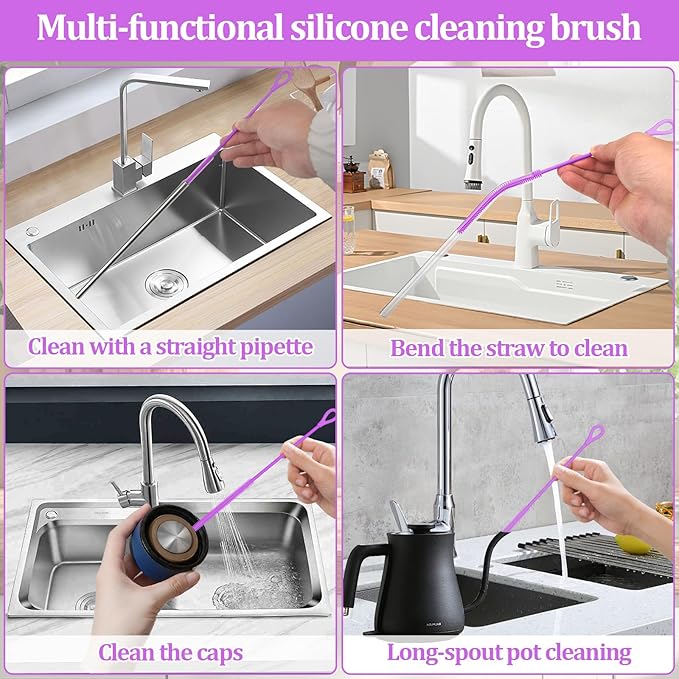Silicone Straw Cleaner Brush, 2Pcs Straw Cleaner Brush Extra Long, Straw Brush Bristles Cleaner Brush for Cleaning Stanley, Metal Glass Straws, Drink Lid (Purple)
