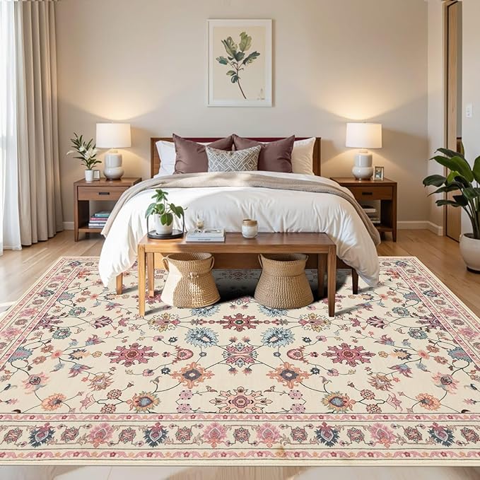 Pink Rug for Living Room Bedroom, Floral 6x9 Washable Rug,Vintage Boho Area Rug, Large Non Slip Flower Carpet for Indoor Dining Room,Girls Room,Nursery Room and Kids Room(Blush Pink 6x9ft)