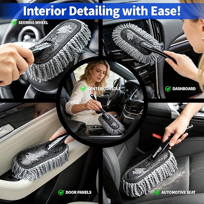 Flash Dog Car Duster Exterior Scratch Free Aluminum Alloy Exterior Handle and Microfiber Hair Waterless Cleaning Brush for Cars, Trucks, SUVs Portable Car Duster