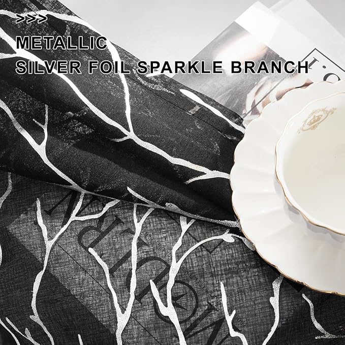 FINECITY Curtains, 2 Pair Black Silver Sheer, 52 x 84 Inch, Rod Pocket, Living Room, Tree Branch Pattern