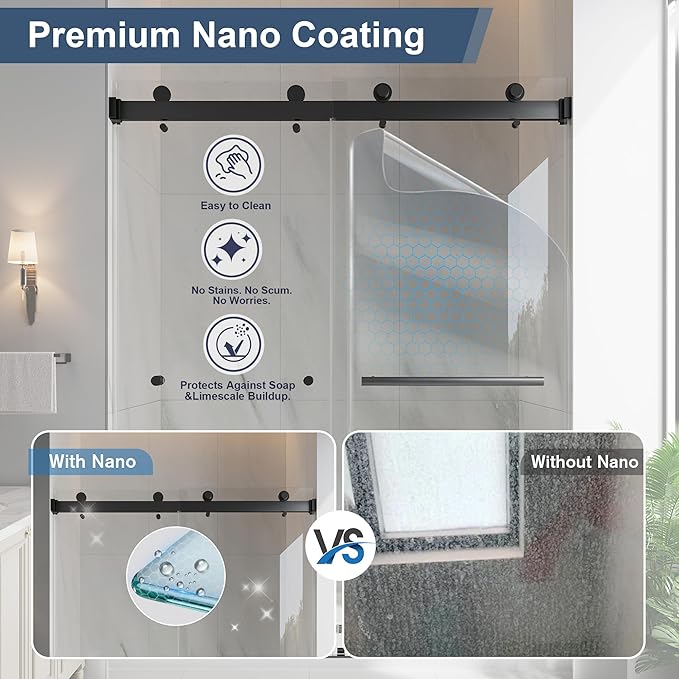 Frameless Double Sliding Shower Doors, 55-60" W x 76" H Shower Glass Door, 1/4" (6mm) Thick ANSI Certified Tempered Glass with Explosion-Proof Film and Nano Coating, Matte Black