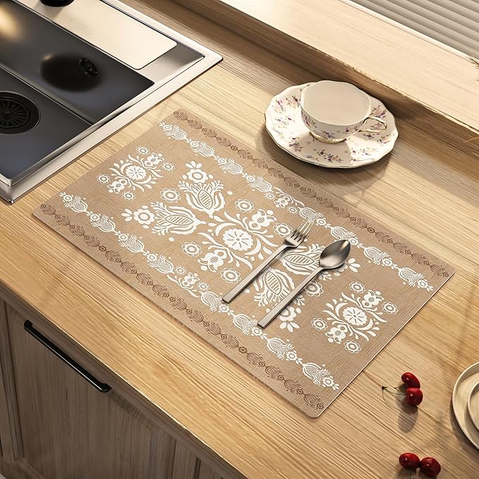 Dish Drying Mat Damask Absorbent Coffee Mat Rubber Backed Moroccan Soft Silicone Kitchen Dish Draining Mat for Kitchen Bathroom Coffee Bar (Damask, 12 x 16 Inches)