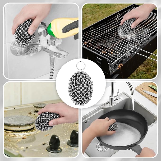Cast Iron Scrubber & Scraper Set with Hook - Ergonomic 316 Chainmail Scrubber for Cast Iron Skillets, Dutch Oven, Baking Sheet, Crock Pot, Grills & More - Black Double Ring