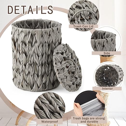 Ctosree 1.3 Gallons Small Trash Can with Lid Handle Boho Woven Braided Bathroom Waste Basket Trash Can with 100 Garbage Bags for Bedroom Office Laundry(Grey,Braided Polypropylene,Round)