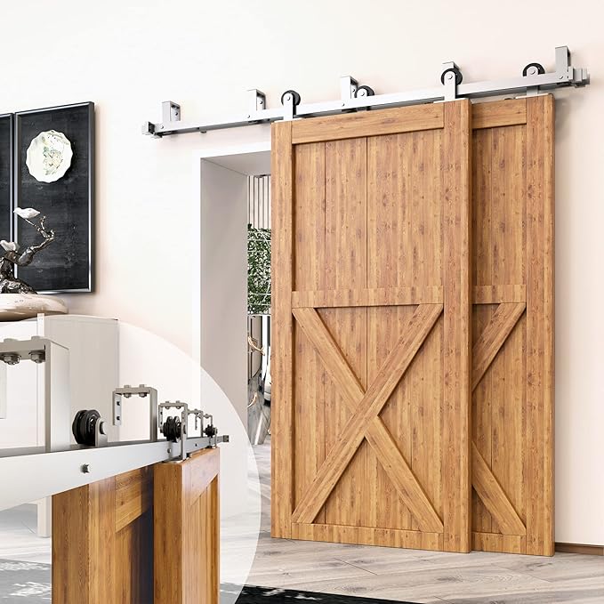 Homacer Brushed Nickel Double Track U-Shape Bypass Sliding Barn Door Hardware Kit, for Two/Double Doors, 5ft Long Flat Track, T-Shape Design Roller