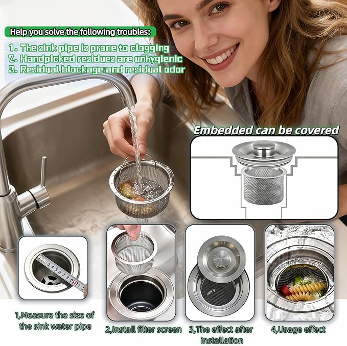 Stainless Steel Kitchen Sink Strainer - Deep Cup Basket Design, 2-Pack, Upgraded Double-Layer Safety, Large Food Catcher, Fits Most Standard Drains (3.14"-3.34" Inner Dia), Rustproof, Easy to Clean
