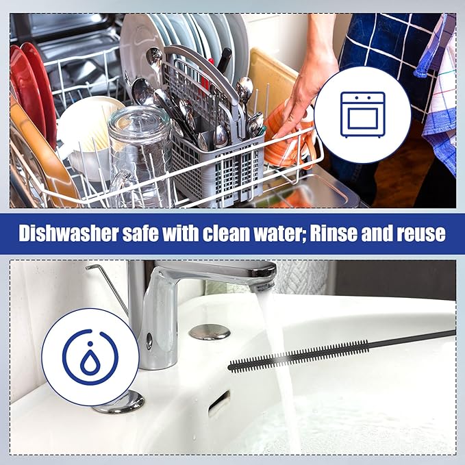 2pcs Silicone Straw Brushes, 6mm+8mm Reusable Hanging Straw Cleaner Brush Extra Long Straw Cleaning Brush Bendable Crevice Brush Pipe Cleaners for Glass Metal Straw (Gray)