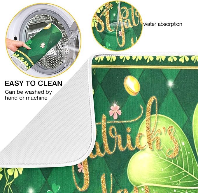 St Patrick's Day Clovers Green Dish Drying Mat 18x24 for Kitchen Lucky Shamrock Leaves Golden Coins Dishes Pad Dish Drainer Rack Mats Absorbent Fast Dry Kitchen Accessories