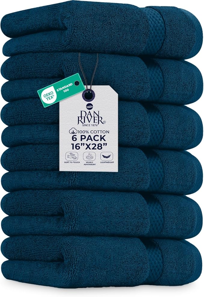 DAN RIVER 6-Pack Premium Hand Towels (16x28 Inches) - 100% Cotton, Ultra Soft, Lightweight, Highly Absorbent Towels for Bathroom, Spa, Gym, Salon, Hotel, and Travel - Opal Blue
