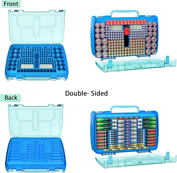ALCYON Battery Organizer Case with Tester-Double-Sided Design for 269+ AA/AAA/C/D/9V Batteries, Portable Storage Solution for Home, Office, Workshop (Blue, Case Only)