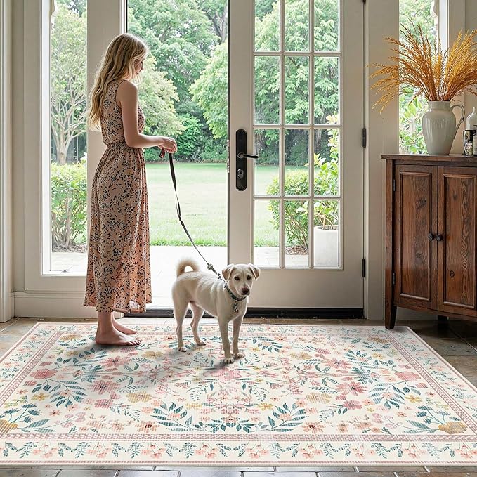 3x5 Rug for Entryway Bedroom, Pink 3x5 Washable Area Rug, Floral Vintage Retro Boho Throw Rug, Non Slip & Low Pile Small Carpet for Indoor Kitchen, Bedside, Living Room, Bathroom and Dining