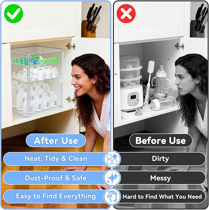 Baby Bottle Organizer for Countertop, X-Large Clear Bottle Storage Organizer, Baby Bottle Storage Organizer for Bottles, Nipples, Pump Parts & Food Jars, Nursery Cabinet, Kitchen Pantry