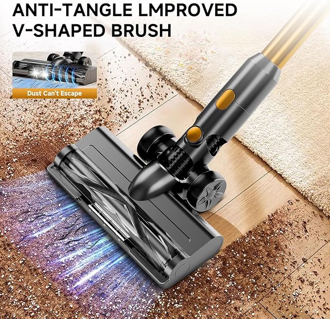 Cordless Vacuum Cleaner, 8 in 1 40Kpa 55Mins,Lightweight Vacuum Cleaners for Home, Stick Vacuum with Anti-Tangle Brush,Wall Mount, Rechargeable Cordless Vacuum for Floor/Sofa/Pet Hair,Golden