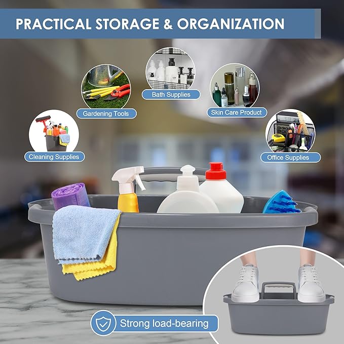 2 Pack Large Cleaning Supplies Caddy Organizer, Portable Shower Caddy Plastic Basket with Handle, Stackable Tool Storage for Bathroom, Garden, Kitchen, Home Organization, Grey
