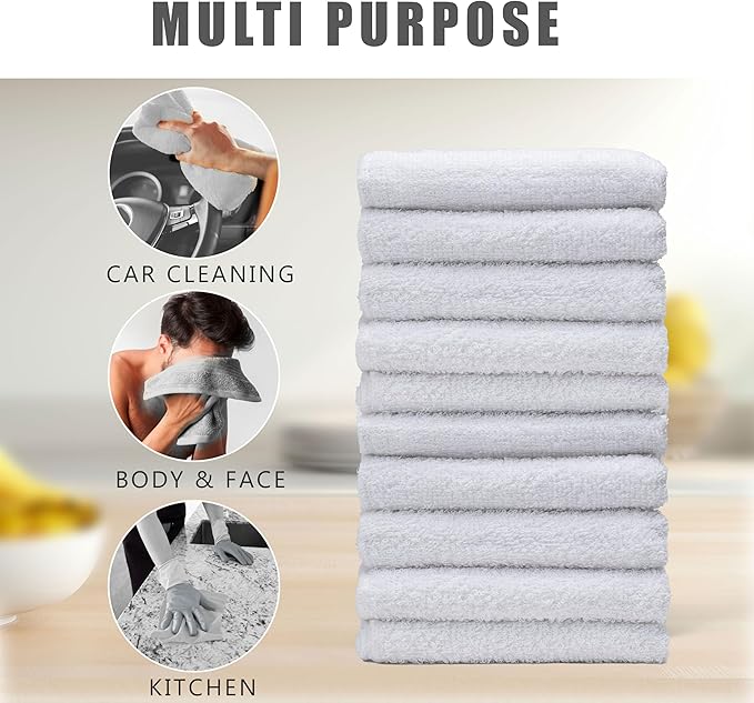 Textila Terry Wash Cloths – Pack of 10, White, 12x12 Inches – Soft, Absorbent & Multipurpose Cotton Washcloths for Face, Hand, Bath, Kitchen, Spa, Gym & Hotel Use