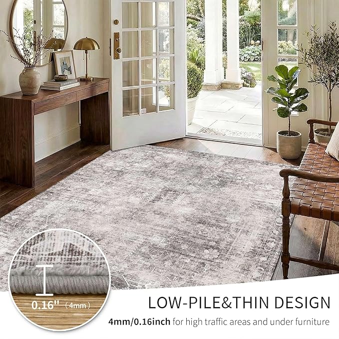 Vintage 8x10 Grey Rug For Living Room, Washable Large Area Rugs for Bedroom, Dining Room, Kitchen, Non Slip Low Pile Soft Distressed Floor Carpets For Kids Nursery, Classroom, Farmhouse Office