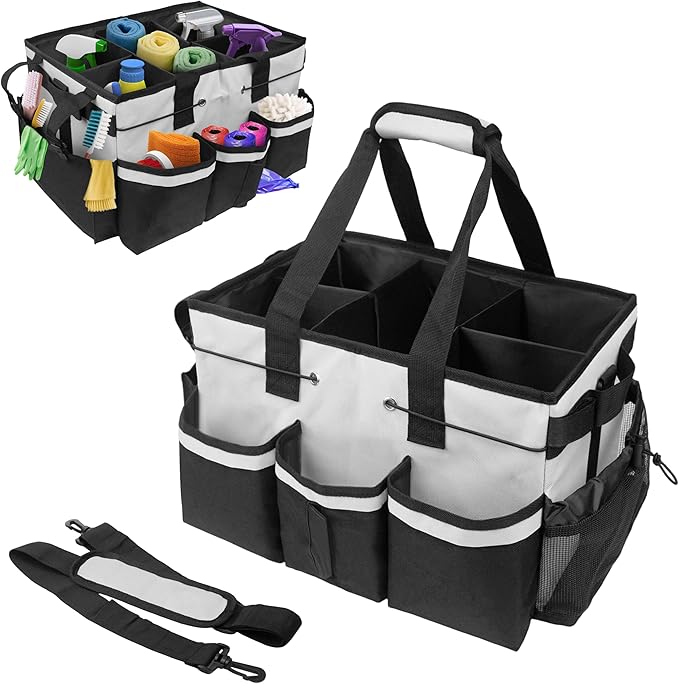 ZKOO Large Cleaning Caddy Bag with Handle, Built-in Sturdy Support Board, Adjustable Shoulder Strap, Multi-compartment Design Cleaning Supply Tote for Cleaners & Housekeepers (White)