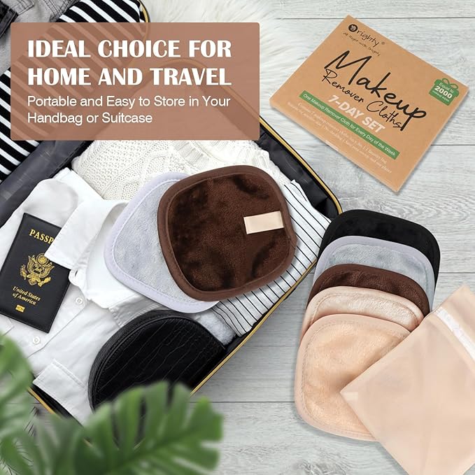 Orighty Makeup Remover Cloths 7-Day Set, Premium & Reusable Makeup Remover Pads, Erase Make-up With Just Water, Make-up Set For Eyes, Lips, Foundation and more, Ideal Choice For Women (Neutrals)