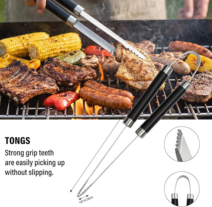 BBQ Grill Accessories Set, Grill Tools Grilling Accessories Grilling Gifts for Men - Spatula, Fork, Brush, Tongs & Cleaning Brush - Outdoor Barbecue Utensils Gifts for Men Dad Him (Black)