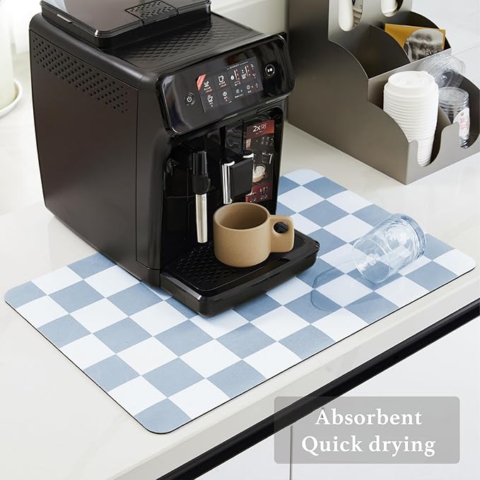 Checkered Dish Drying Mat for Kitchen Counter, Coffee Bar Station Accessories, Retro Cute Aesthetic Absorbent Coffee Mat Kitchen Drying Mat Easy Clean, Blue 12" x 19"