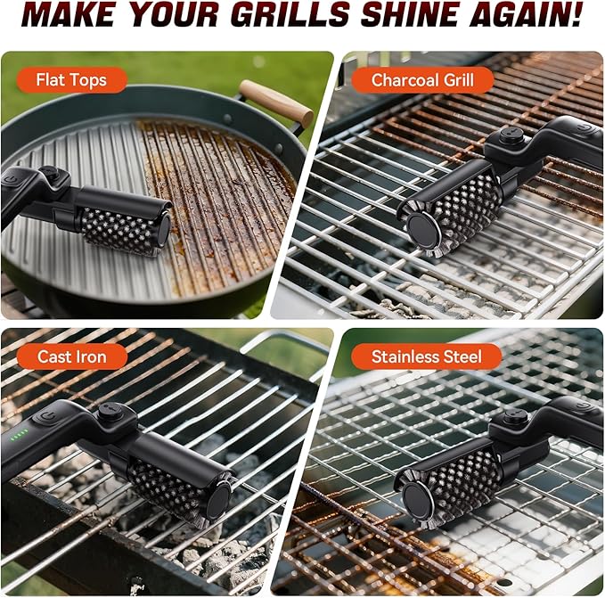 Electric Rotary Grill Brush for BBQ – 304 Stainless Steel Rotary Brush Head, Anti-Shedding Bristles, Rechargeable 3-Speed Power Control, Up to 90-Min Runtime, Outdoor Grill Cleaner Black