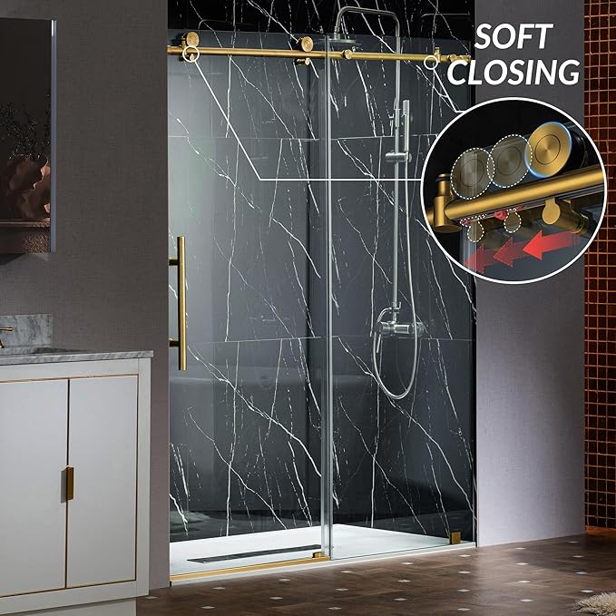 Woodbridge Frameless Single Sliding Shower Doors in Brushed Gold Finish, 45.5-48" Width x 76" Height with 3/8"(10mm) Clear Tempered Glass, Soft Close System and Explosion-Proof Film, BSDC4876-BG