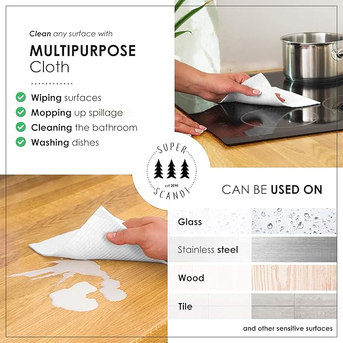 SUPERSCANDI 5 Pack Swedish Dishcloths for Kitchen - 100% Biodegradable & Compostable, Reusable Paper Towels Washable, Food-Safe & Without Plastic - Dish Rags Suitable for Any Surface, Scandi White