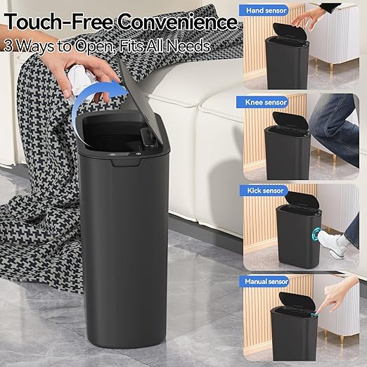 5 Gallon Bathroom Automatic Trash Can with Lid, Motion Sensor Touchless Trash Bin,Smart Electric Slim Waterproof Garbage Bin for Toilet, Office, Kitchen, Bedroom, Living Room (Black)