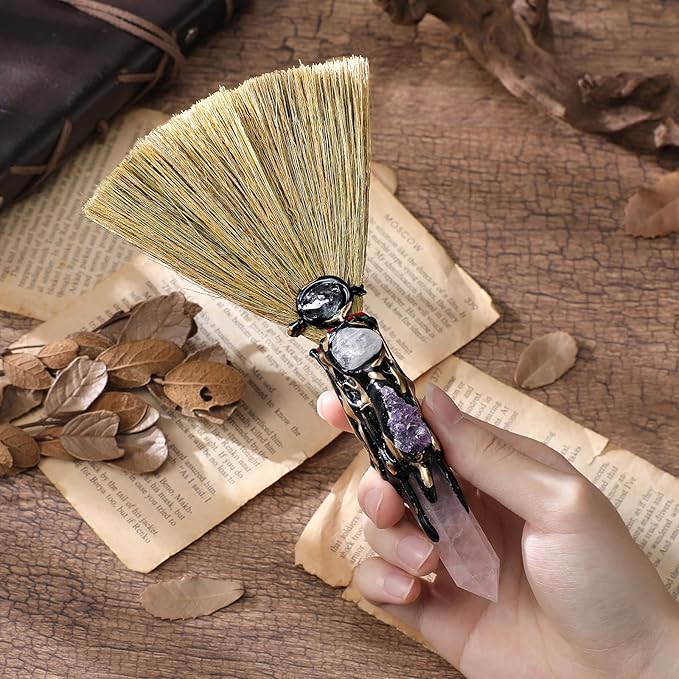 Rose Quartz Witch Broom - Witchcraft Supplies Mini Witches Broomstick with Amethyst Clusters Altar Supplies with Natural Healing Crystals Wiccan Supplies Prayers Meditation Therapy Decor
