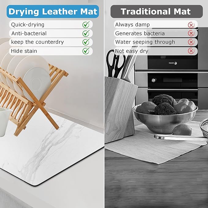 Dish Drying Mat Coffee Bar Mat for Kitchen Counter, Absorbent Dish Rack Pad Hide Stain with Non-slip Rubber Backed Coffee Accessories Fit Under Espresso Machine Maker White Marble 22.83"x14.96"