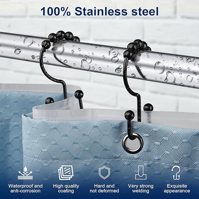 Shower Curtain Hooks,Sturdy Stainless Steel Double Sided Shower Hooks Rings for Bathroom Shower Curtain Rods Curtains Set of 12 Hooks - Matte Black