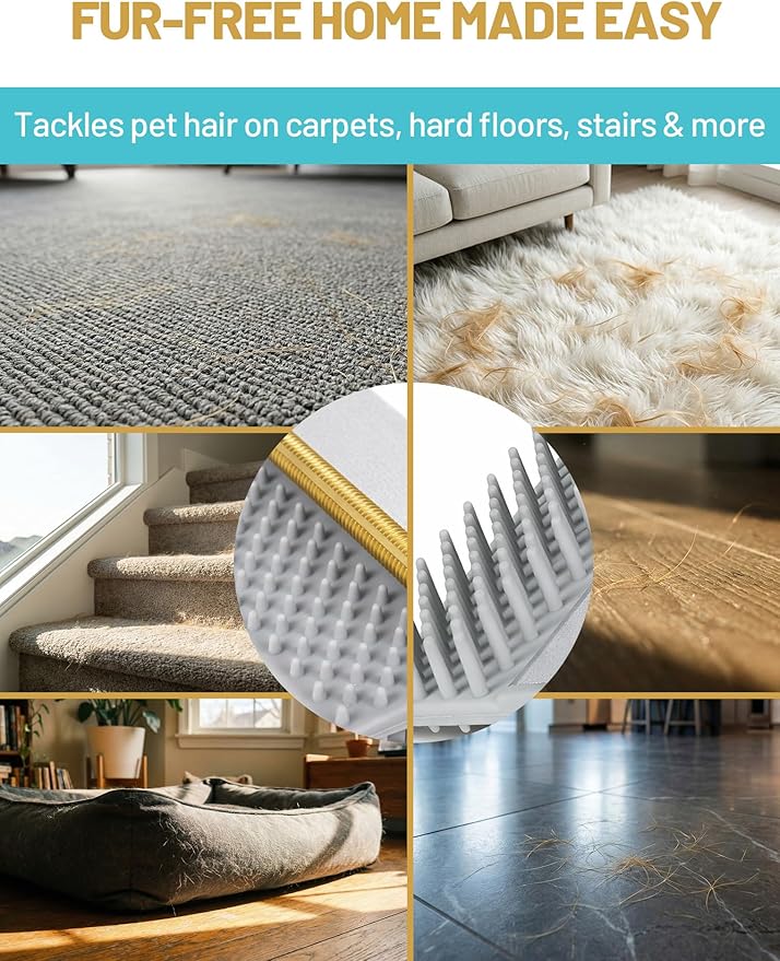 DELOMO Carpet Rake for Pet Hair Removal Carpet Scraper Broom with 54” Adjustable Long Handle, Dual-Sided, Metal + Short Silicone for Carpets & Rugs, Extended Silicone for Shag Rugs & Hard Floors